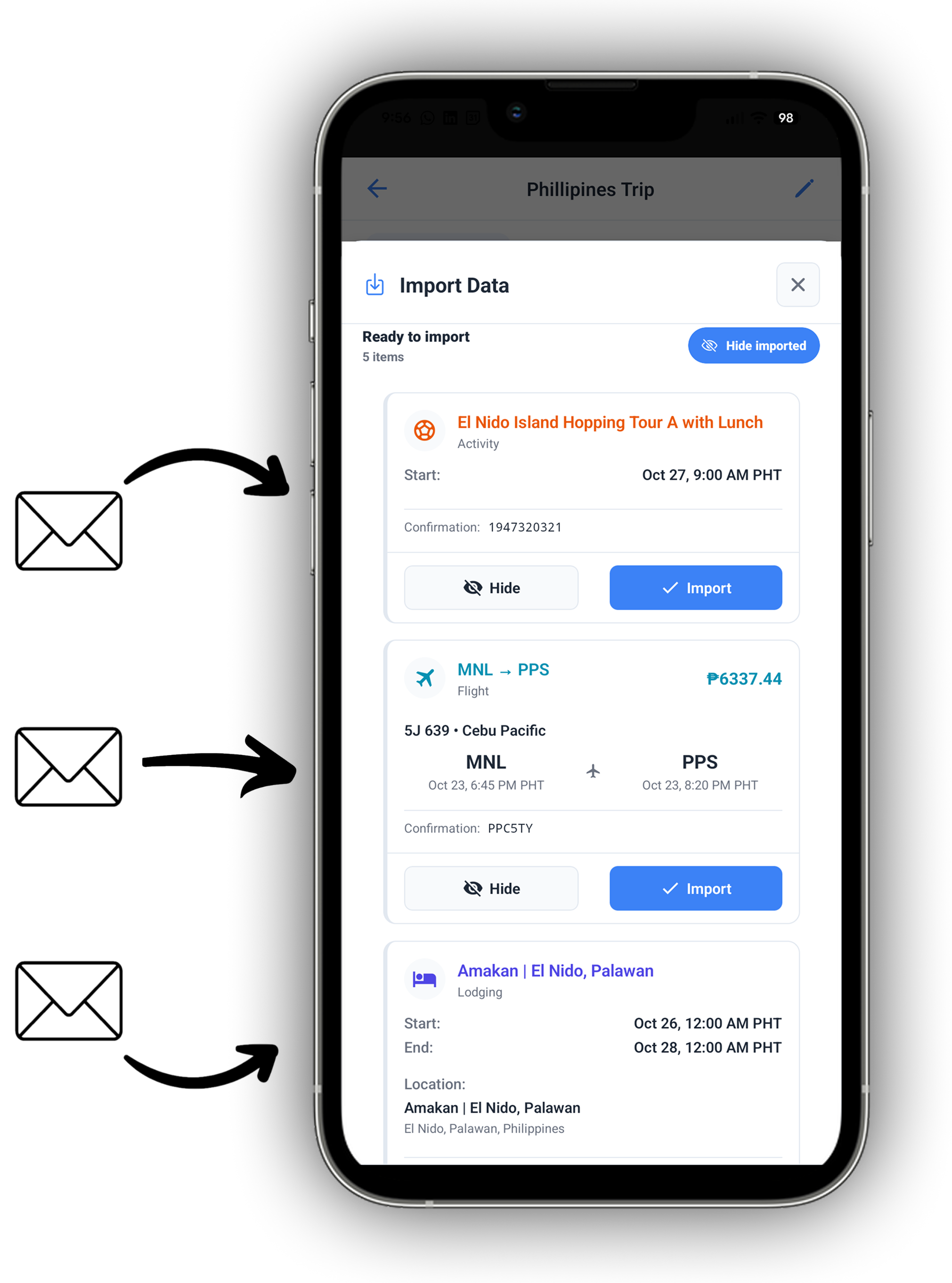 Forward bookings into WaySide: email to app import with itinerary items