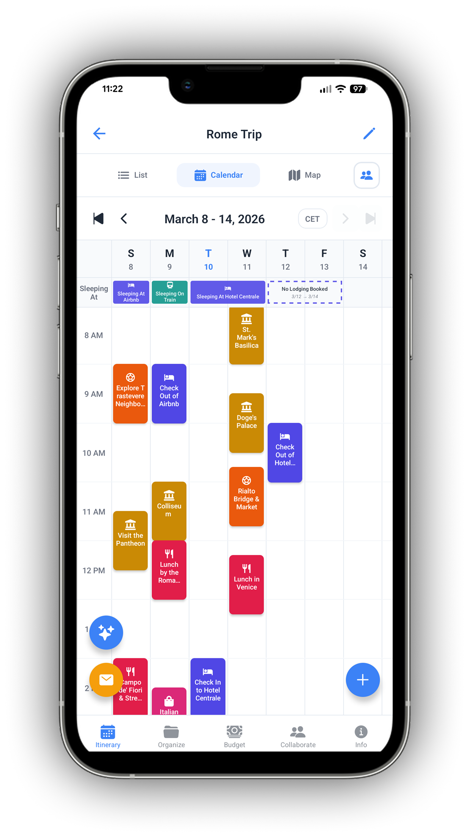 WaySide calendar view: week grid with color-coded activity blocks