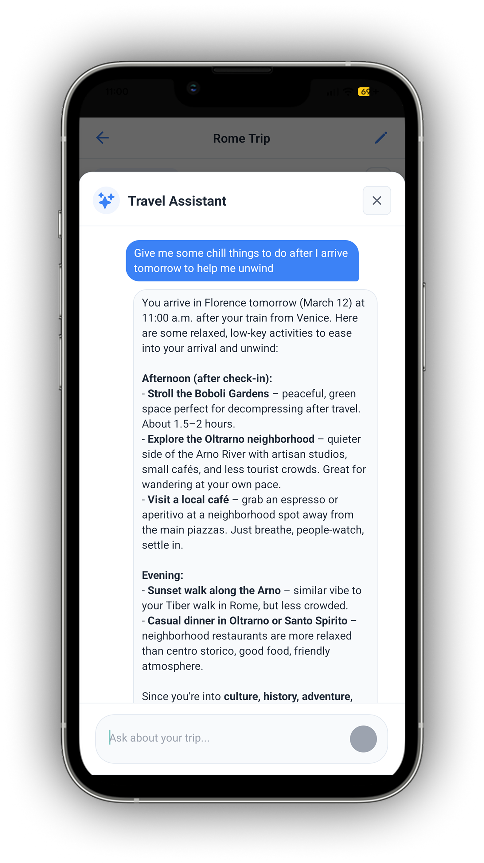 AI travel assistant answering trip questions with personalized suggestions