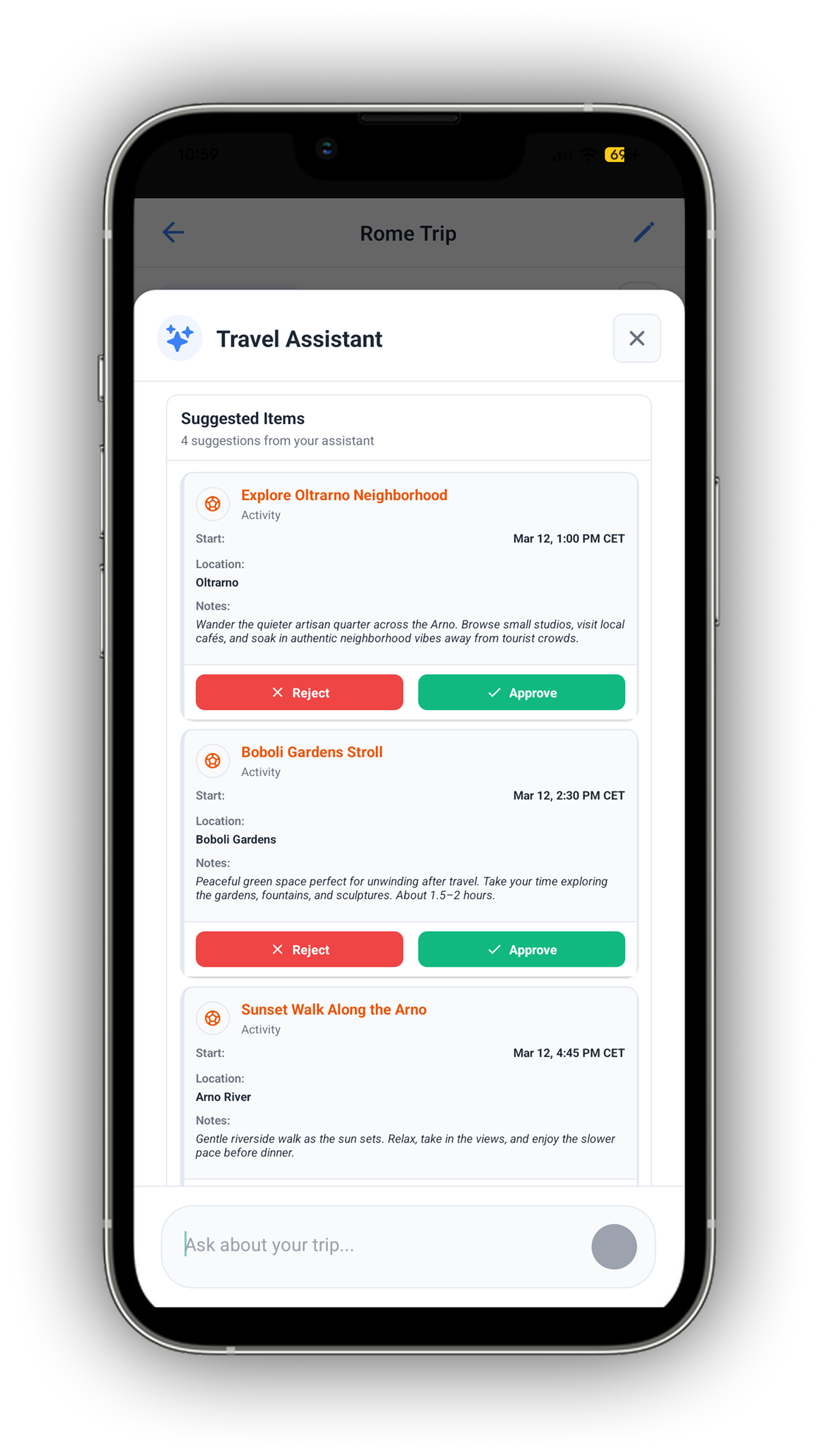 AI-suggested itinerary items with approve and reject buttons